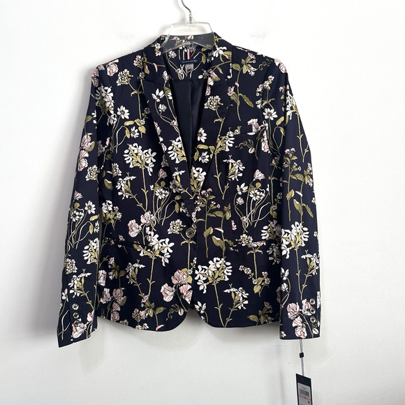 Tommy Hilfiger Blazer Size 10 Navy Floral Print Cotton Stretch Jacket Party NEW - Picture 1 of 11